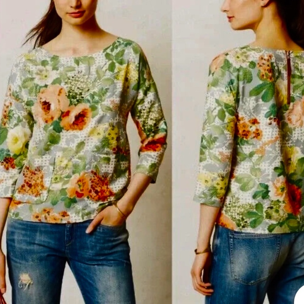 HD in Paris Floral Boatneck Blouse in Green, Peach, Yellow
